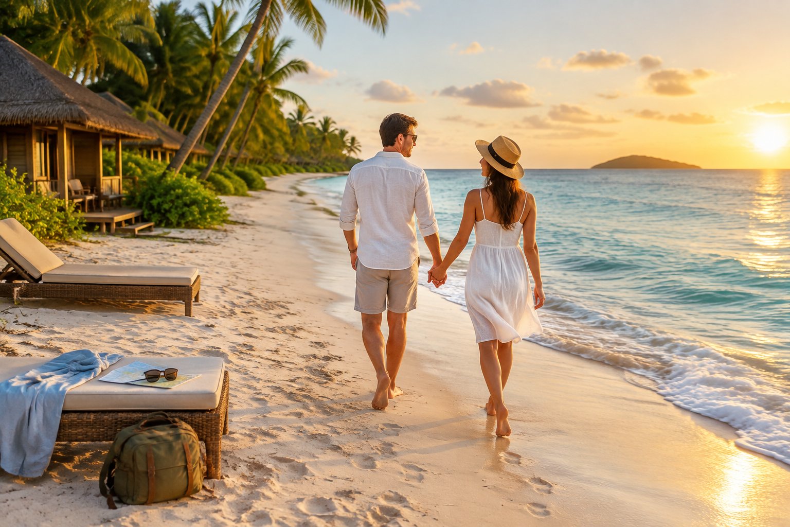A newlywed couple holding hands while walking along a sunny tropical beach near a modest beachfront stay.