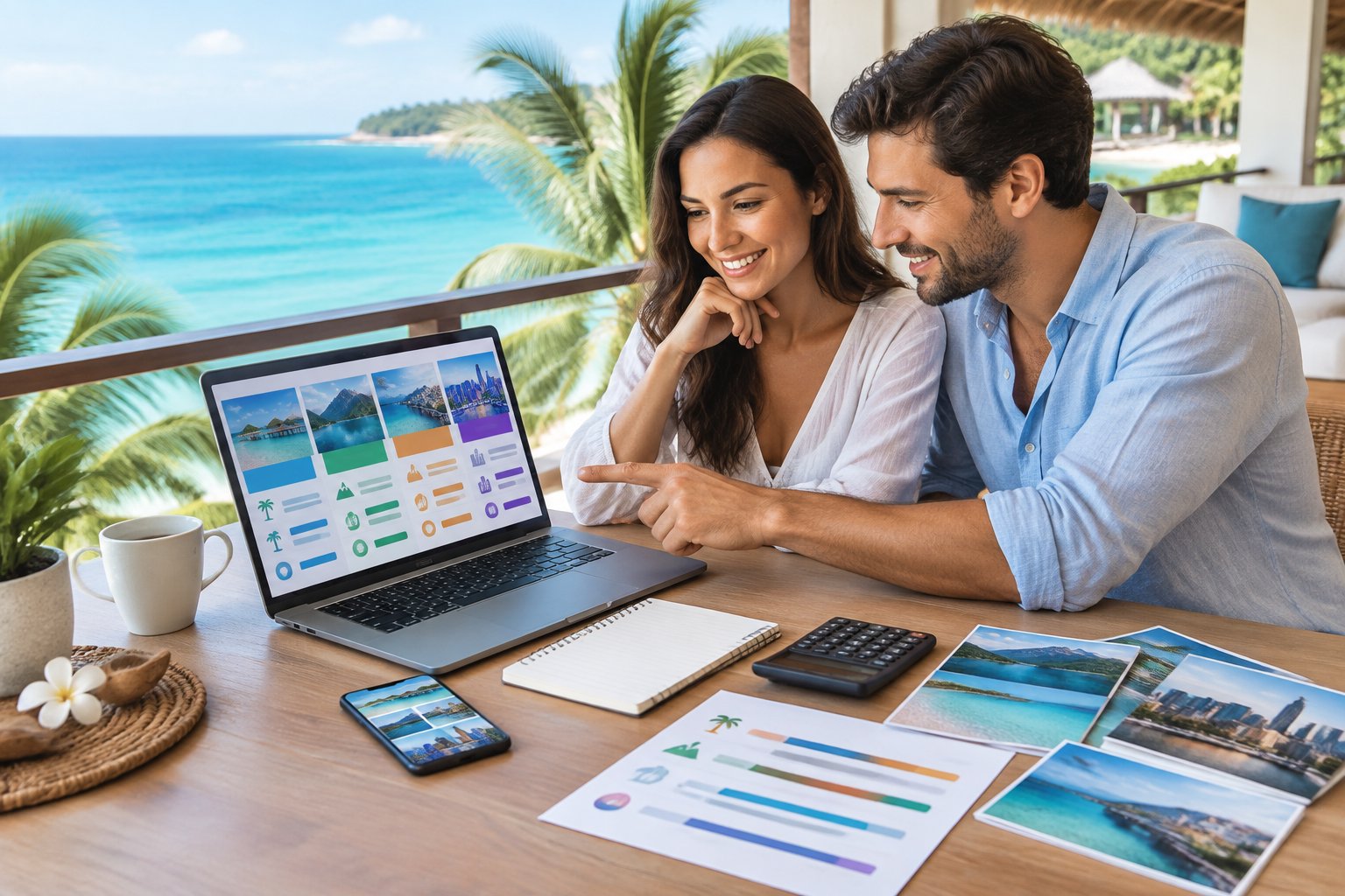 A newlywed couple compares affordable honeymoon travel options at a tropical resort.
