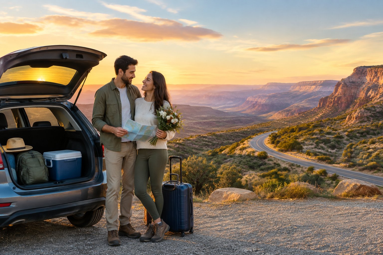 A newlywed couple stands beside a car at a scenic American roadside overlook.