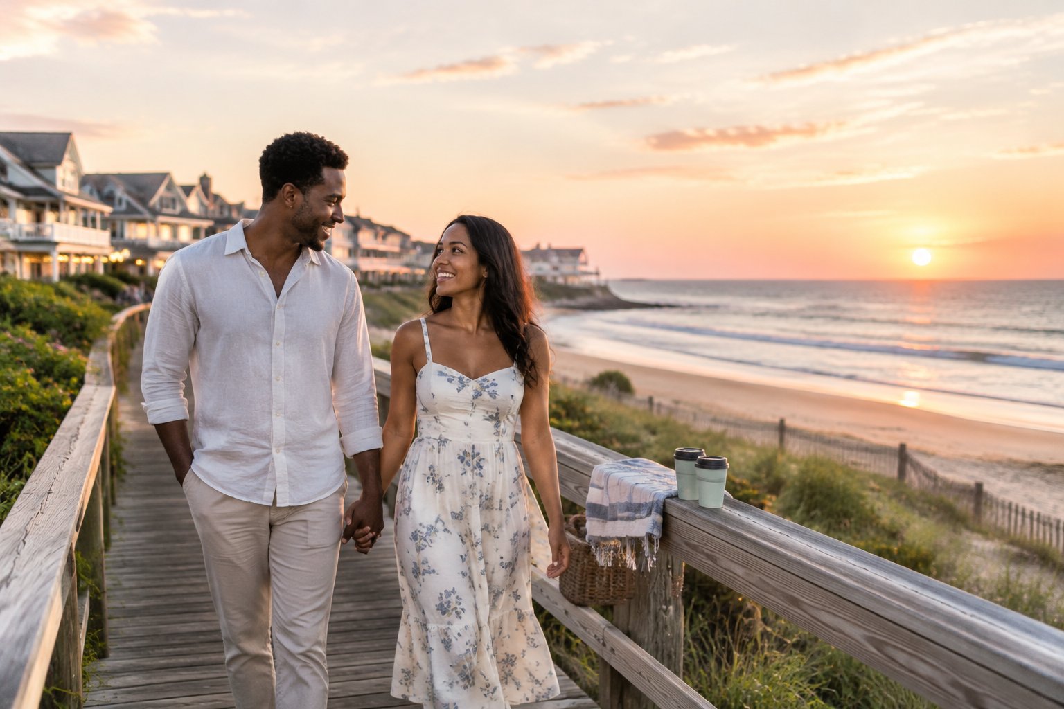A newlywed couple walks hand in hand along a scenic beach boardwalk at sunset.