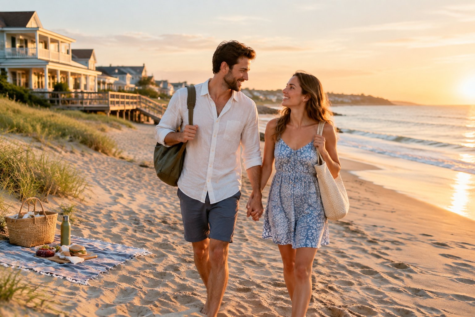 A newlywed couple walks hand in hand along a scenic beach near a charming coastal town.