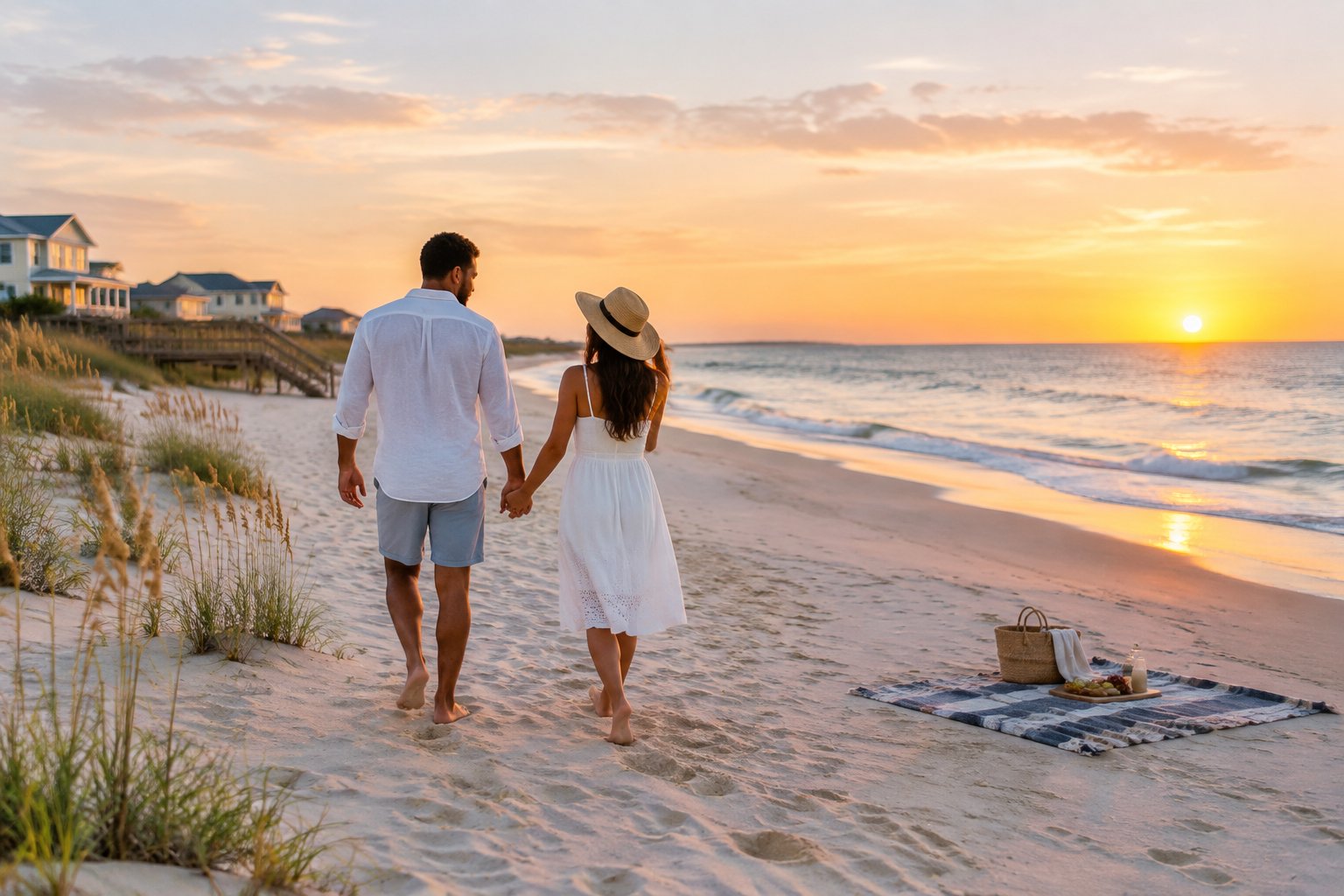 A newlywed couple walks hand in hand along a sandy beach at sunset near simple coastal cottages.