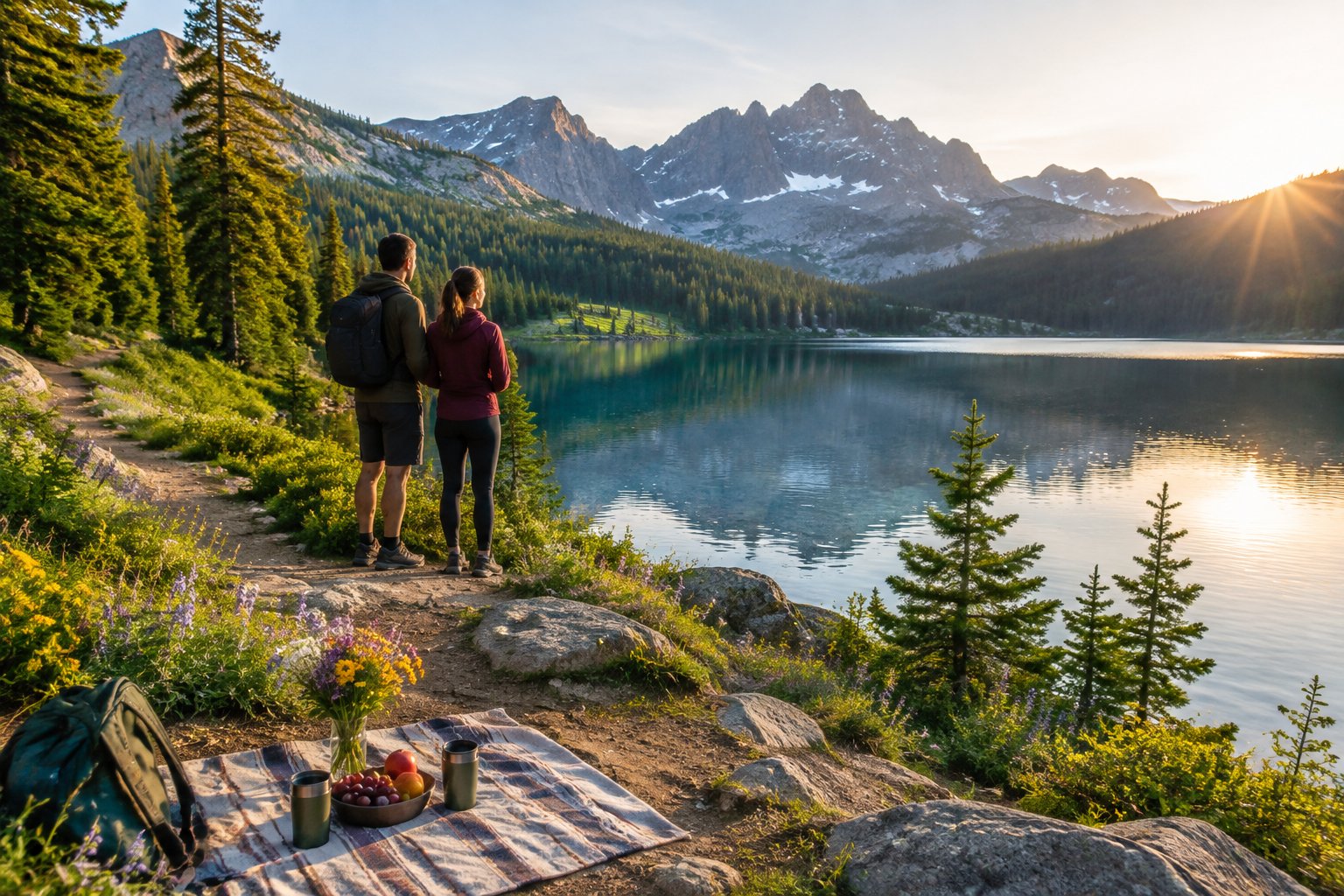 A couple enjoys a peaceful picnic beside a mountain lake in a national park.