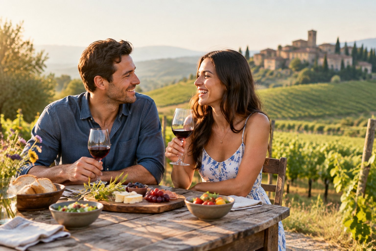 A newlywed couple enjoys a meal and wine at an outdoor vineyard table.