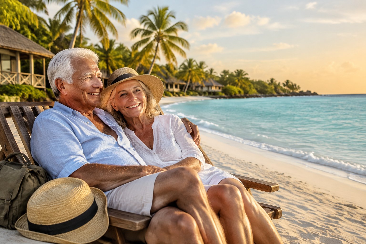 An older couple enjoys a relaxed romantic getaway on an affordable tropical beach.