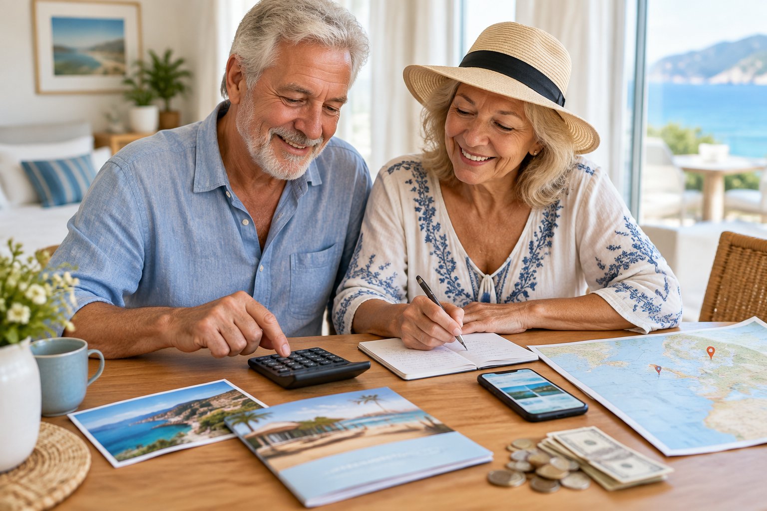 A senior couple reviews an affordable honeymoon budget together at a table with travel-planning materials.