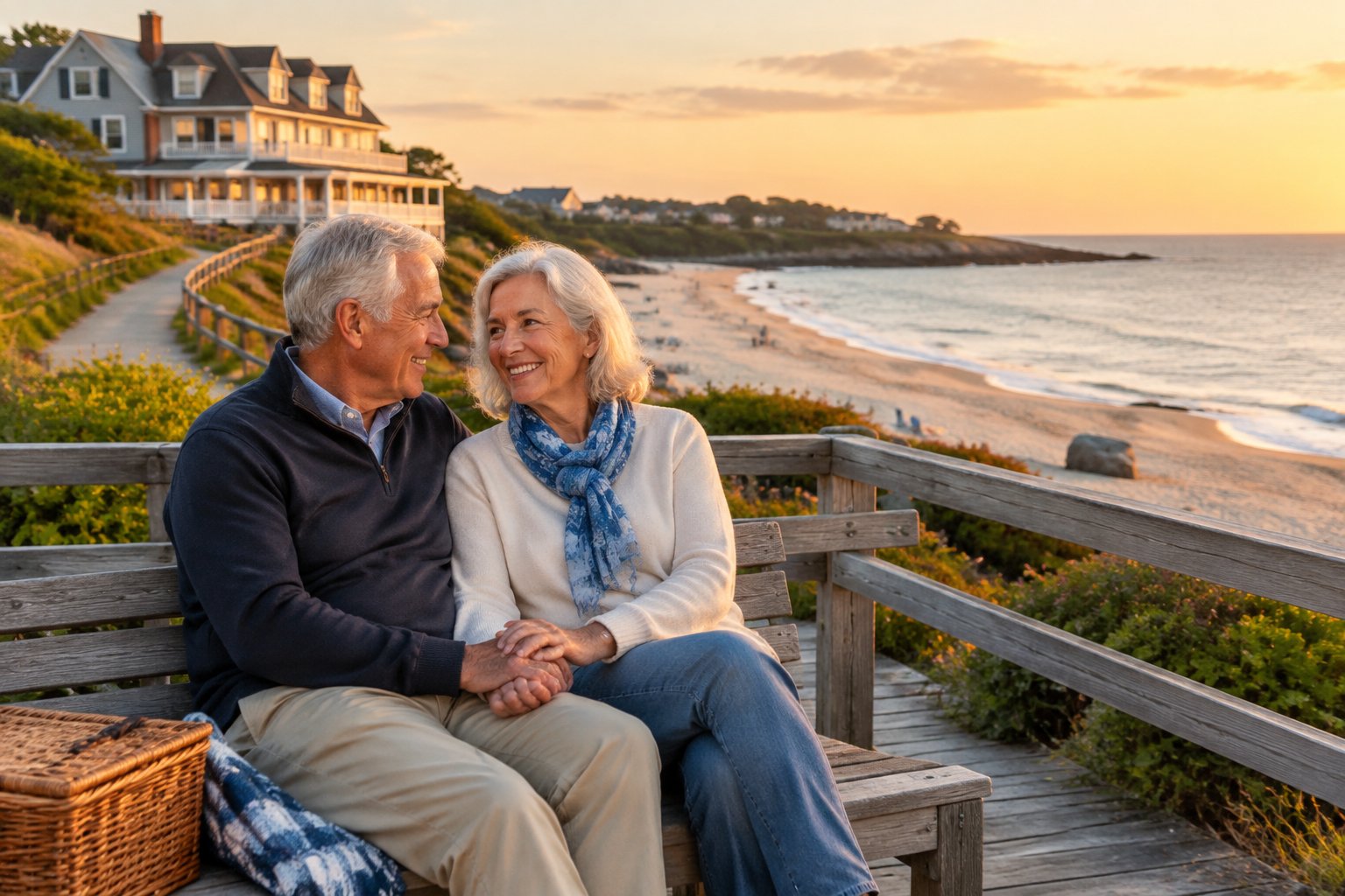 An older couple holds hands while enjoying a romantic walk along a scenic coastal boardwalk.