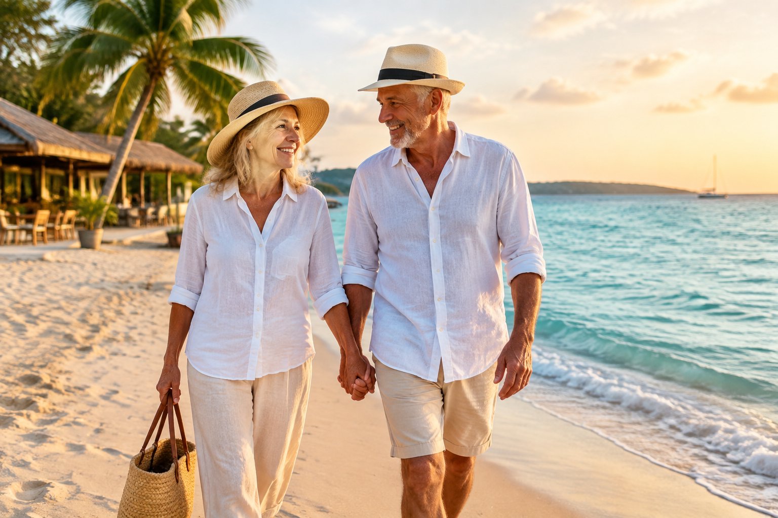 An older couple walks hand in hand along a sunny tropical beach near a modest coastal resort.