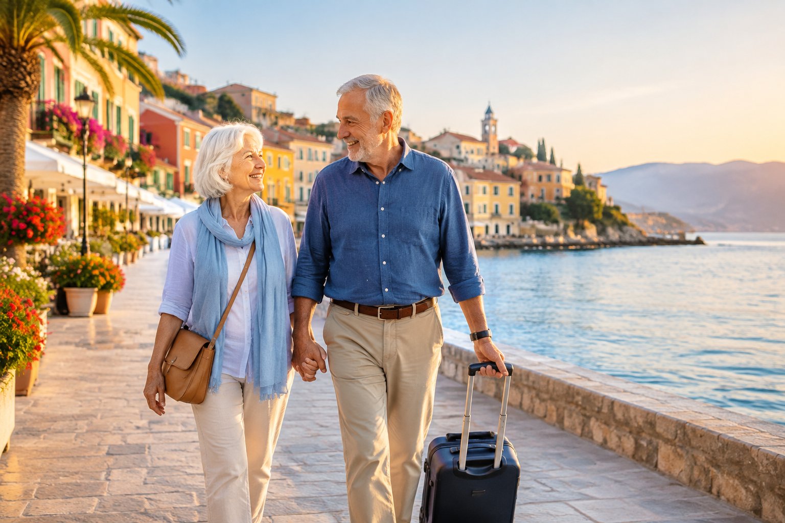 A senior couple walks hand in hand along a sunny waterfront in a charming coastal town.