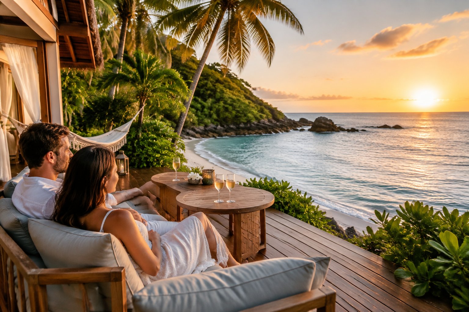 A newlywed couple relaxes together at a secluded tropical beach bungalow during sunset.