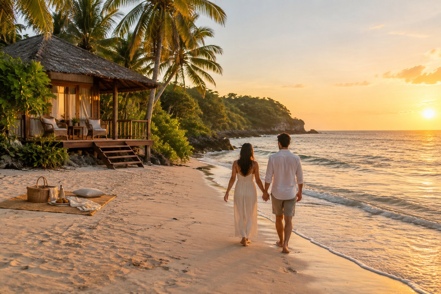 A couple walks hand in hand along a quiet tropical beach near a simple private bungalow.