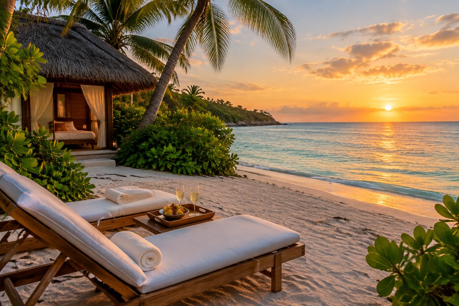 A secluded tropical beach with a private cabana, two lounge chairs, and a romantic sunset over calm turquoise water.