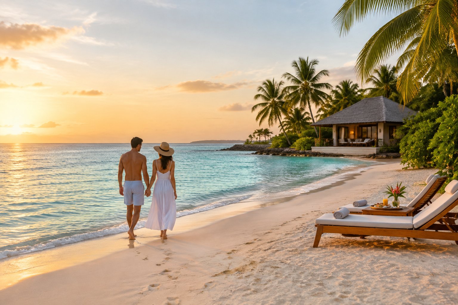 A couple walks hand in hand along a secluded tropical beach beside a private bungalow.