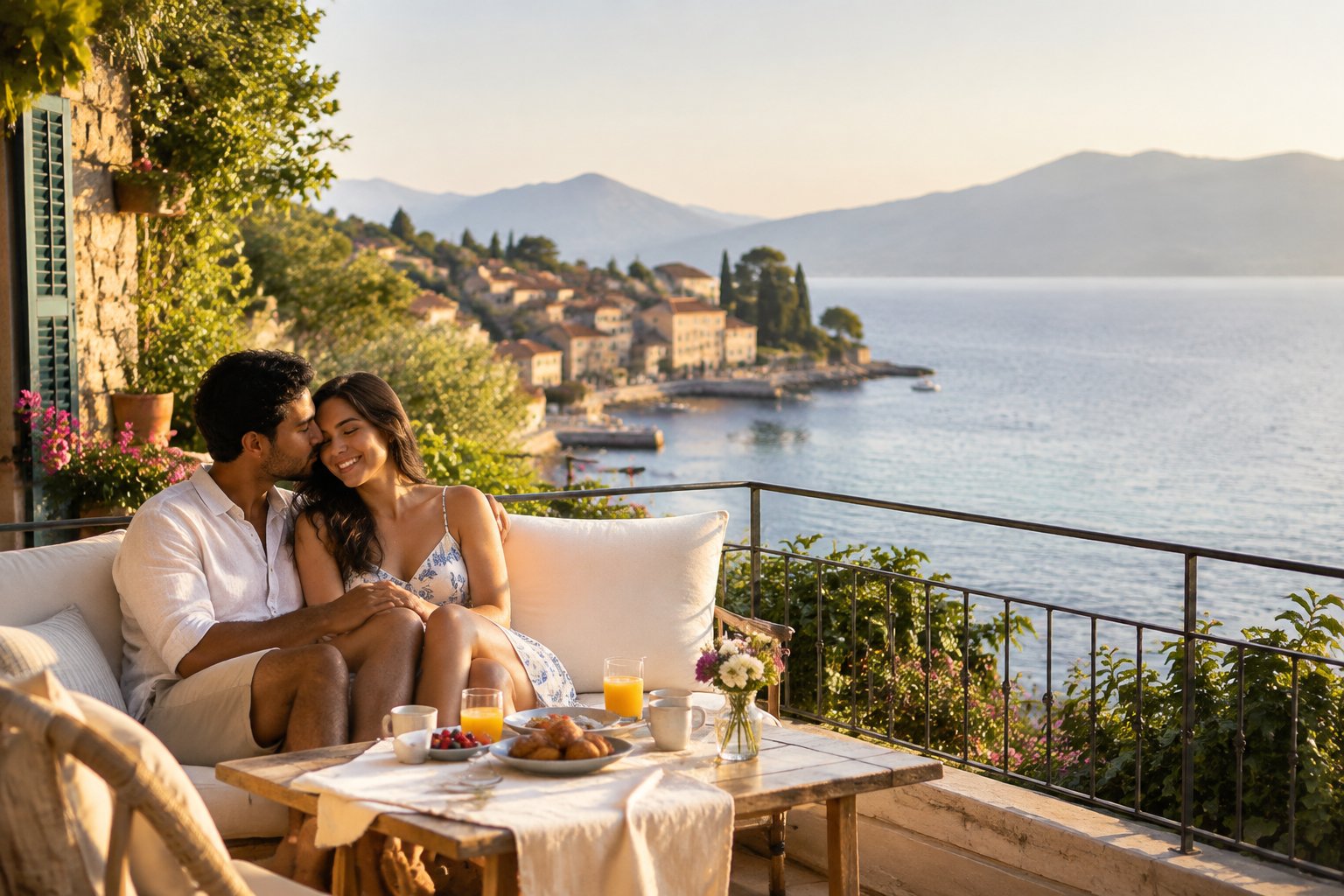 A newlywed couple sharing a romantic moment on a private terrace overlooking a scenic coastal village.