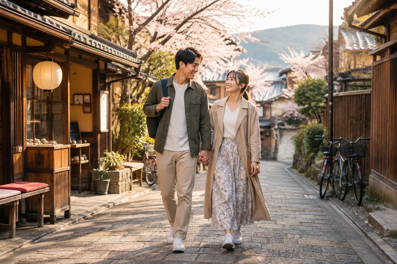 A newlywed couple walks hand in hand along a traditional Japanese street lined with wooden houses and cherry trees.