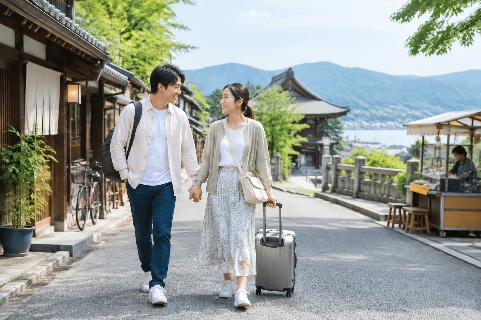 Newlywed couple walking together on a traditional Japanese street with luggage near a small temple.