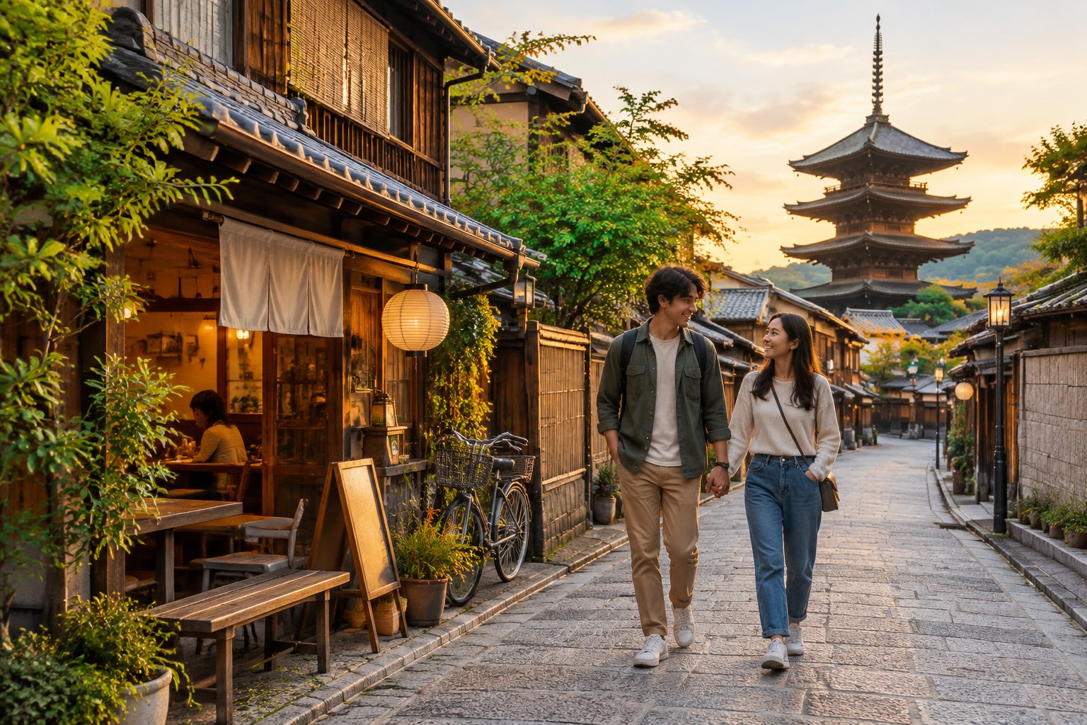 A couple walks hand in hand through a traditional Japanese neighborhood lined with wooden buildings and lanterns.