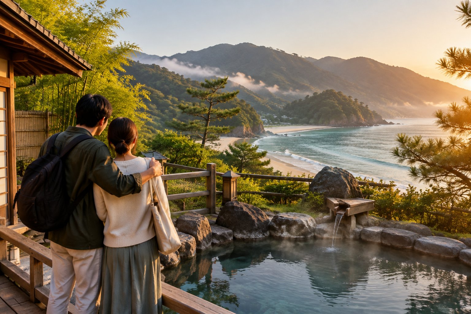 A newlywed couple overlooks a coastal Japanese hot spring surrounded by green mountains and a quiet beach.