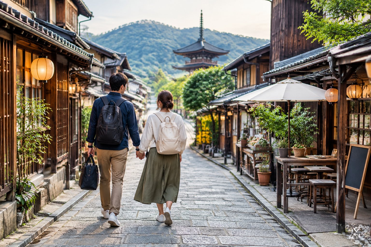 A newlywed couple walks hand in hand through a traditional Japanese street.