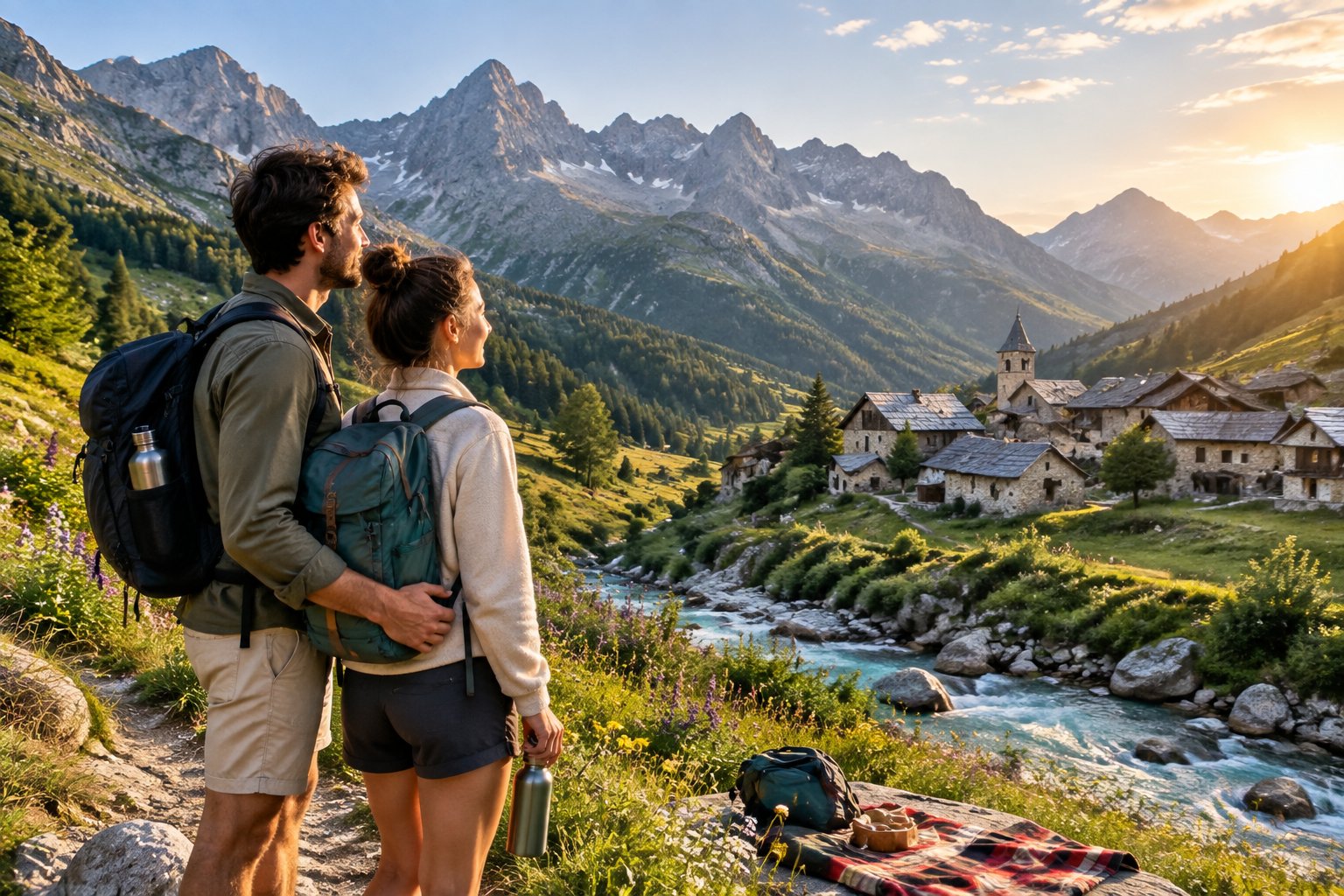 A newlywed couple enjoys a scenic mountain landscape in the Queyras Valley.