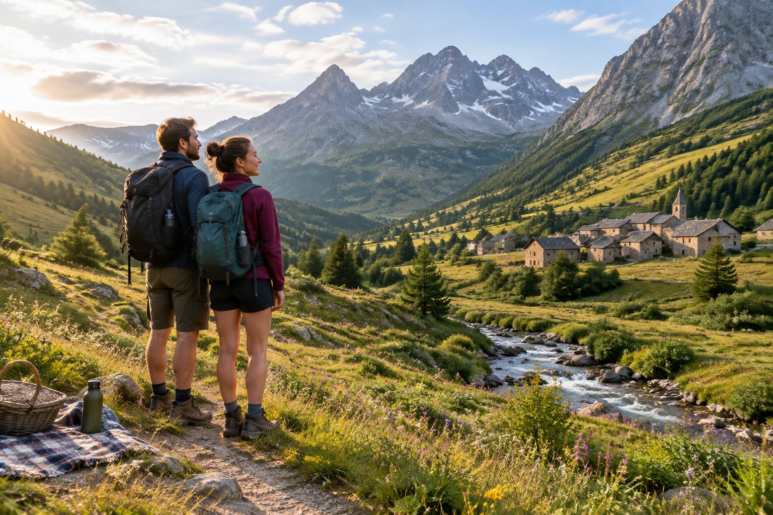 A newlywed couple enjoys a scenic mountain view in the Queyras Valley.