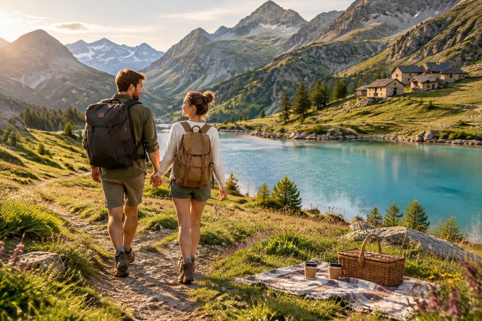 A newlywed couple walks hand in hand beside a turquoise alpine lake in the Queyras mountains.
