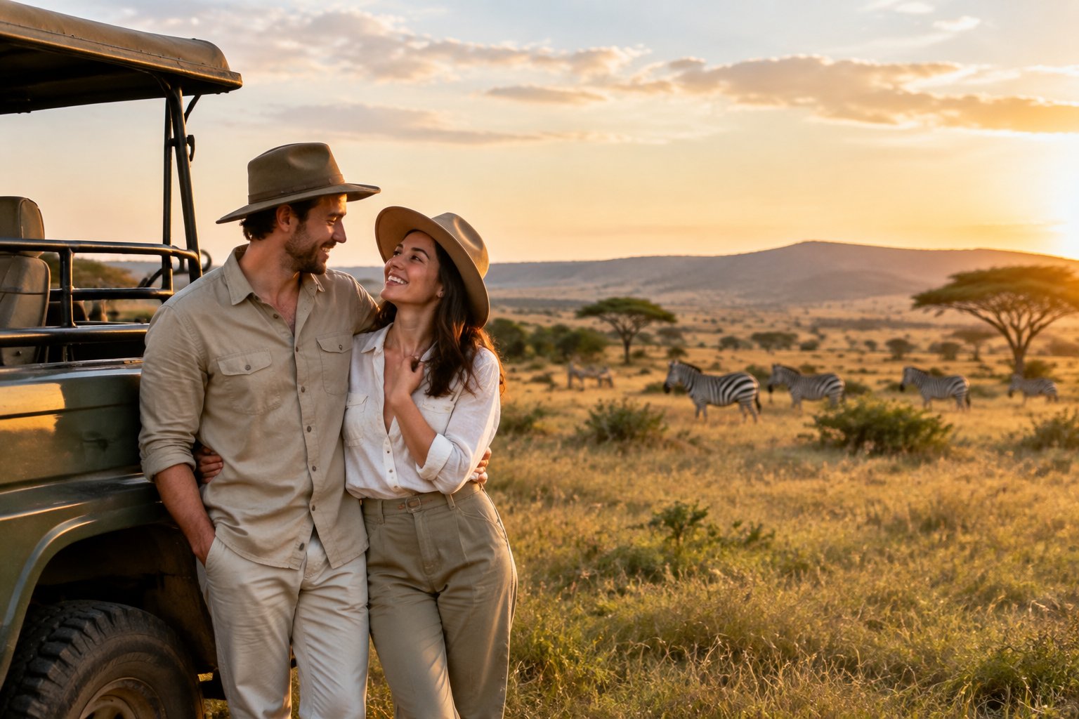 A couple watches wildlife together from a safari vehicle in the Kenyan savanna.