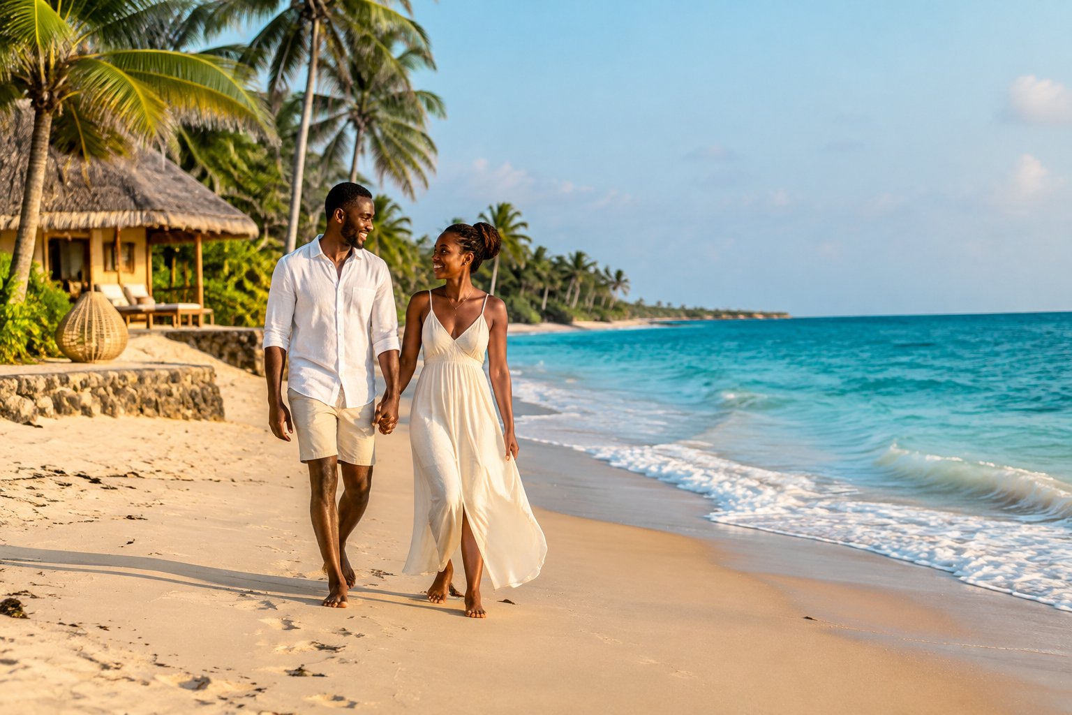 A newlywed couple walks hand in hand along a quiet tropical beach on the Kenyan coast.