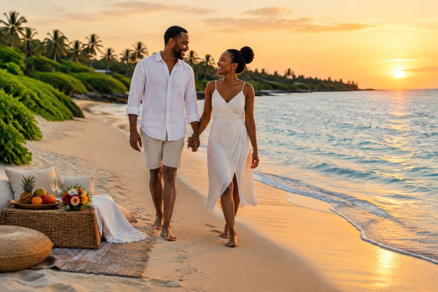 A newlywed couple walks hand in hand along a quiet Kenyan beach at sunset beside a simple romantic picnic.