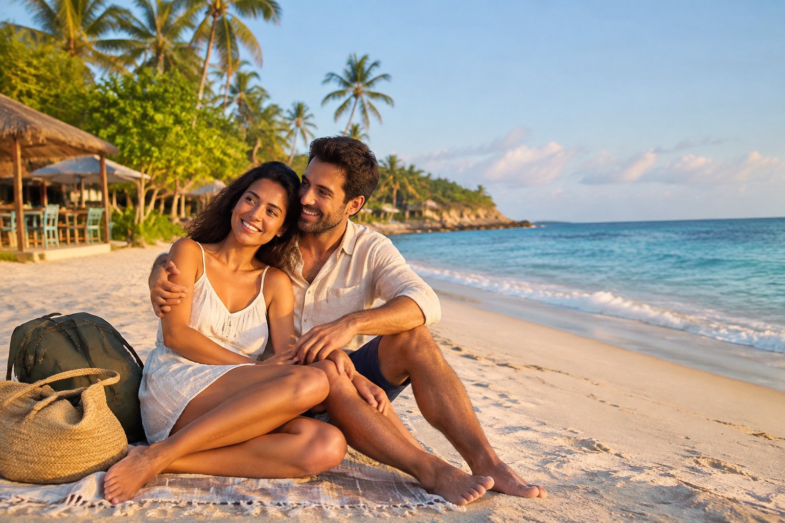A newlywed couple relaxes on a sunny tropical beach beside calm turquoise water.
