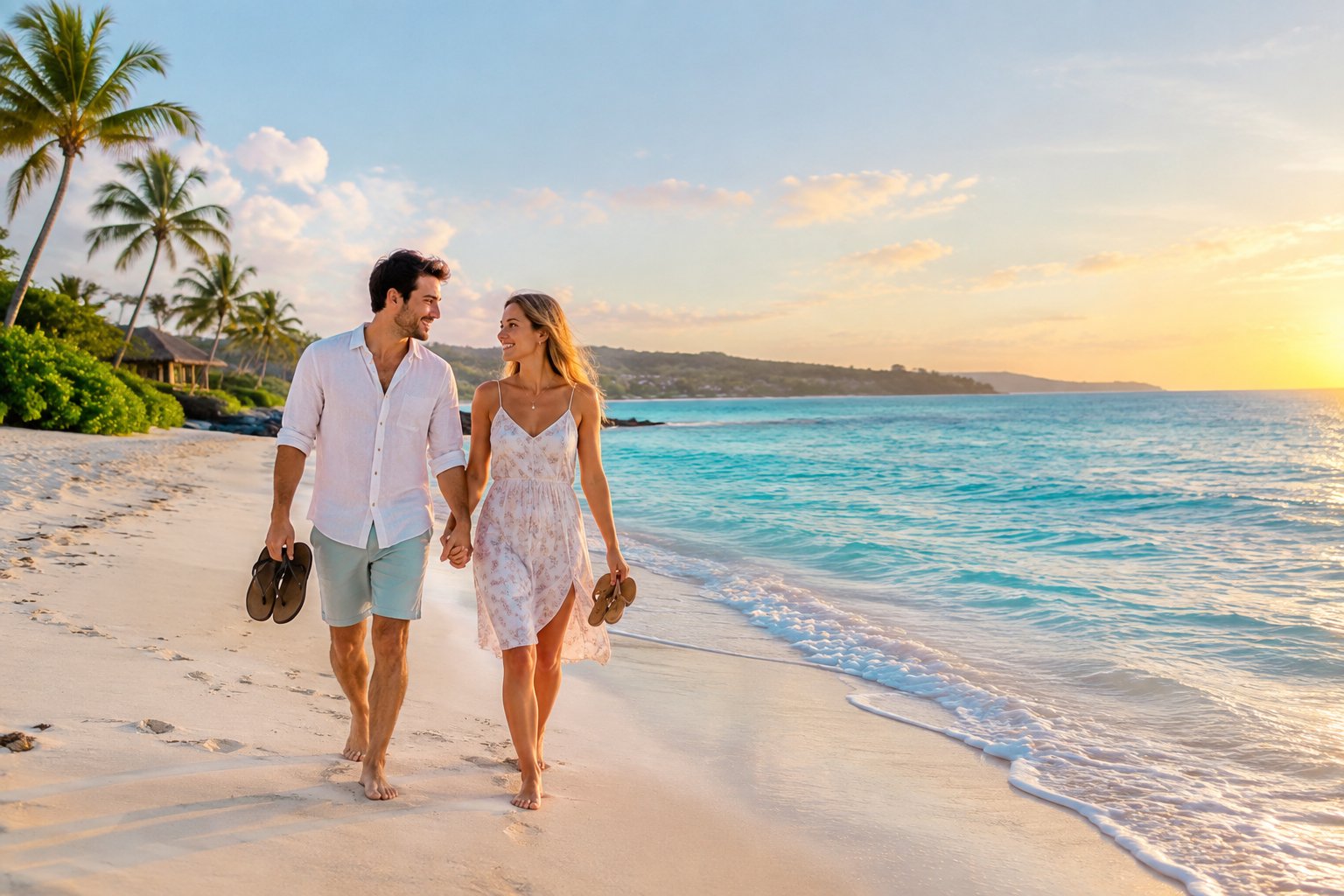 Newlywed couple walking hand in hand along a tropical beach at sunset.