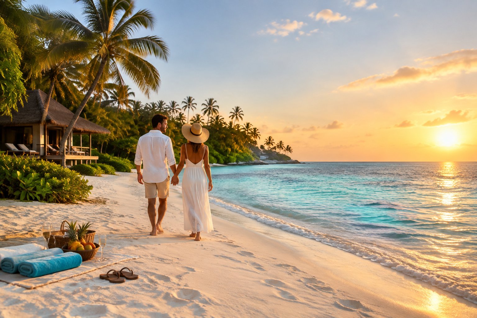 A newlywed couple walks along a tropical beach beside a peaceful island bungalow at sunset.