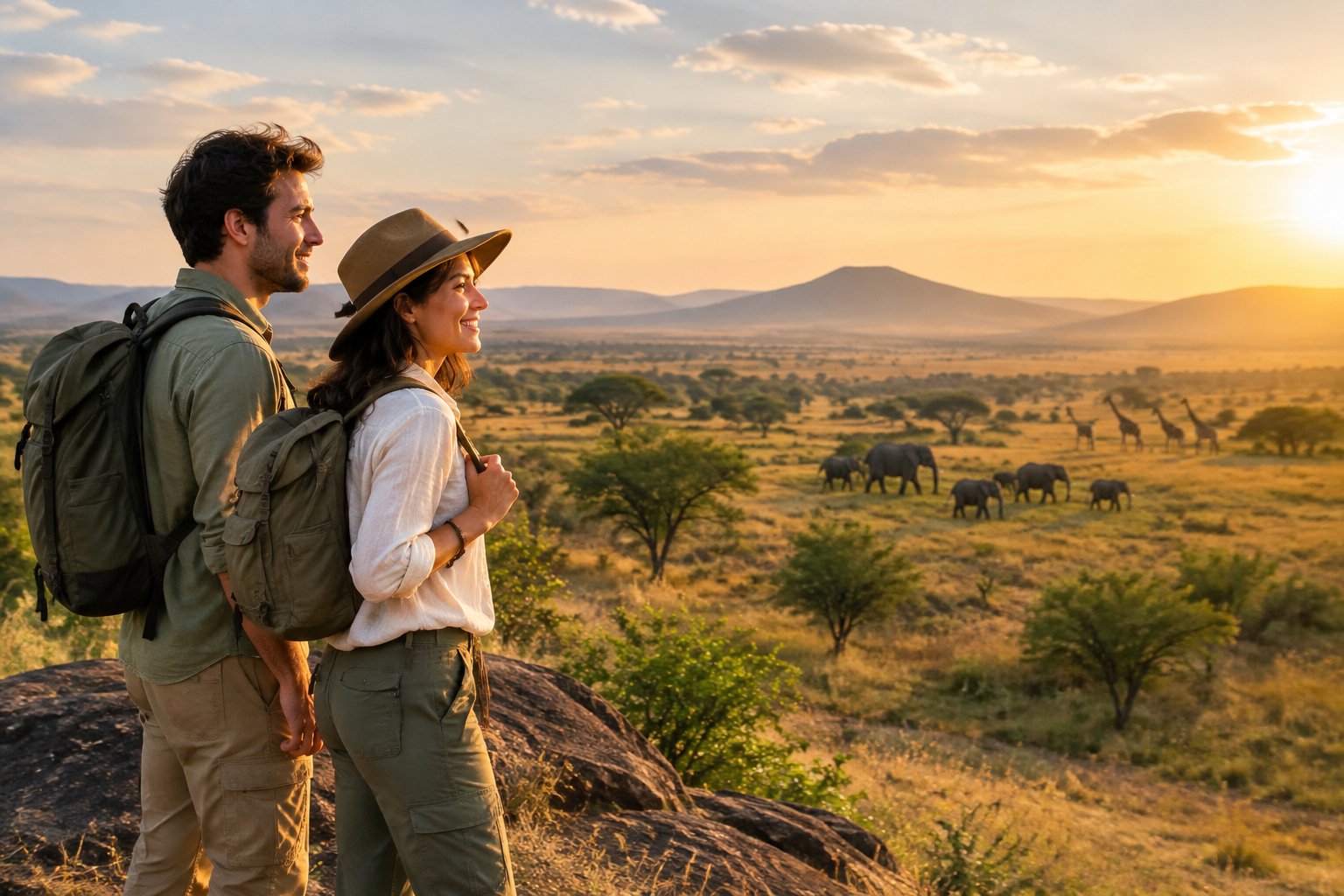 A newlywed couple watches elephants and giraffes across an African savanna at sunset.