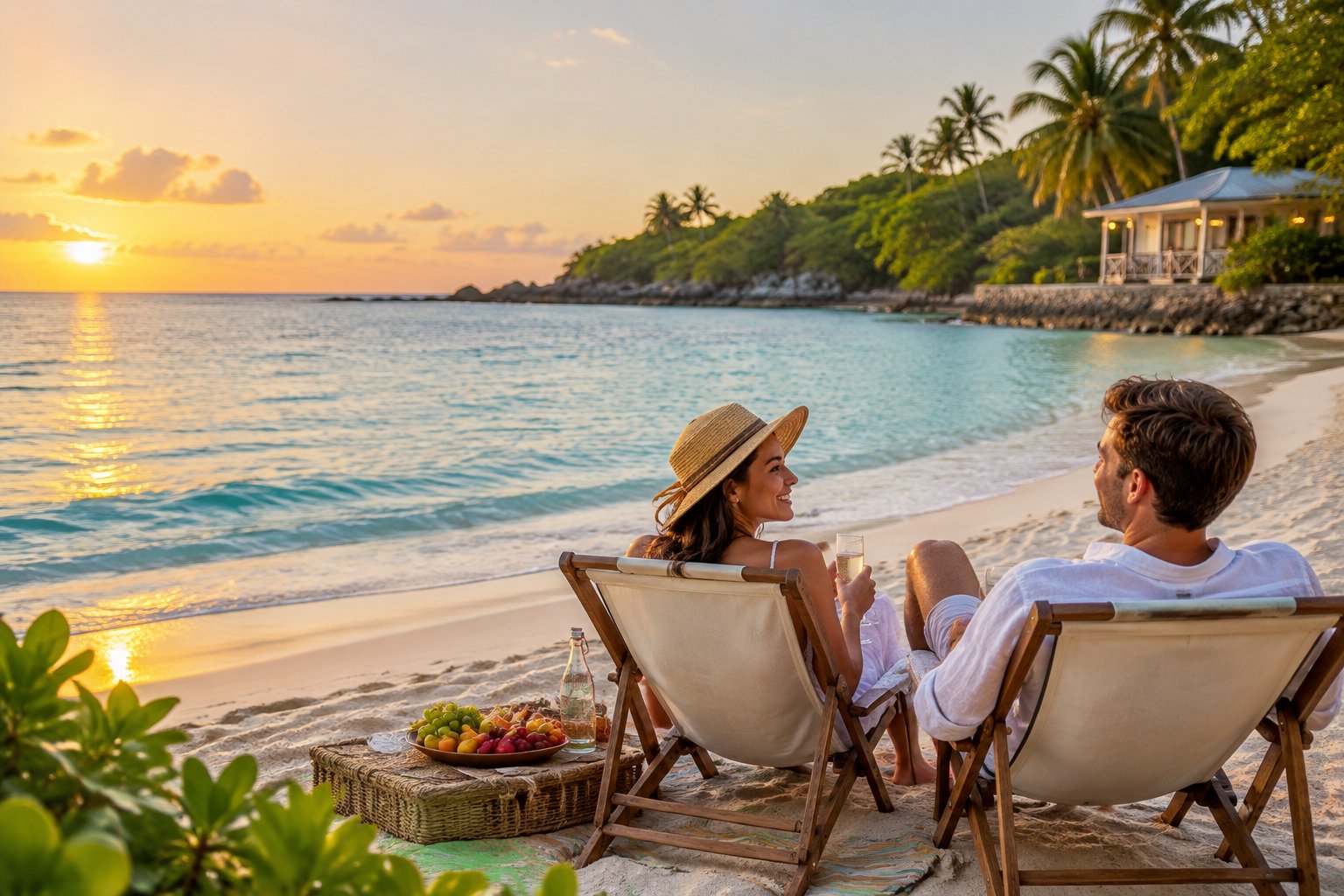 A newlywed couple enjoys a relaxing beach picnic beside calm turquoise water.