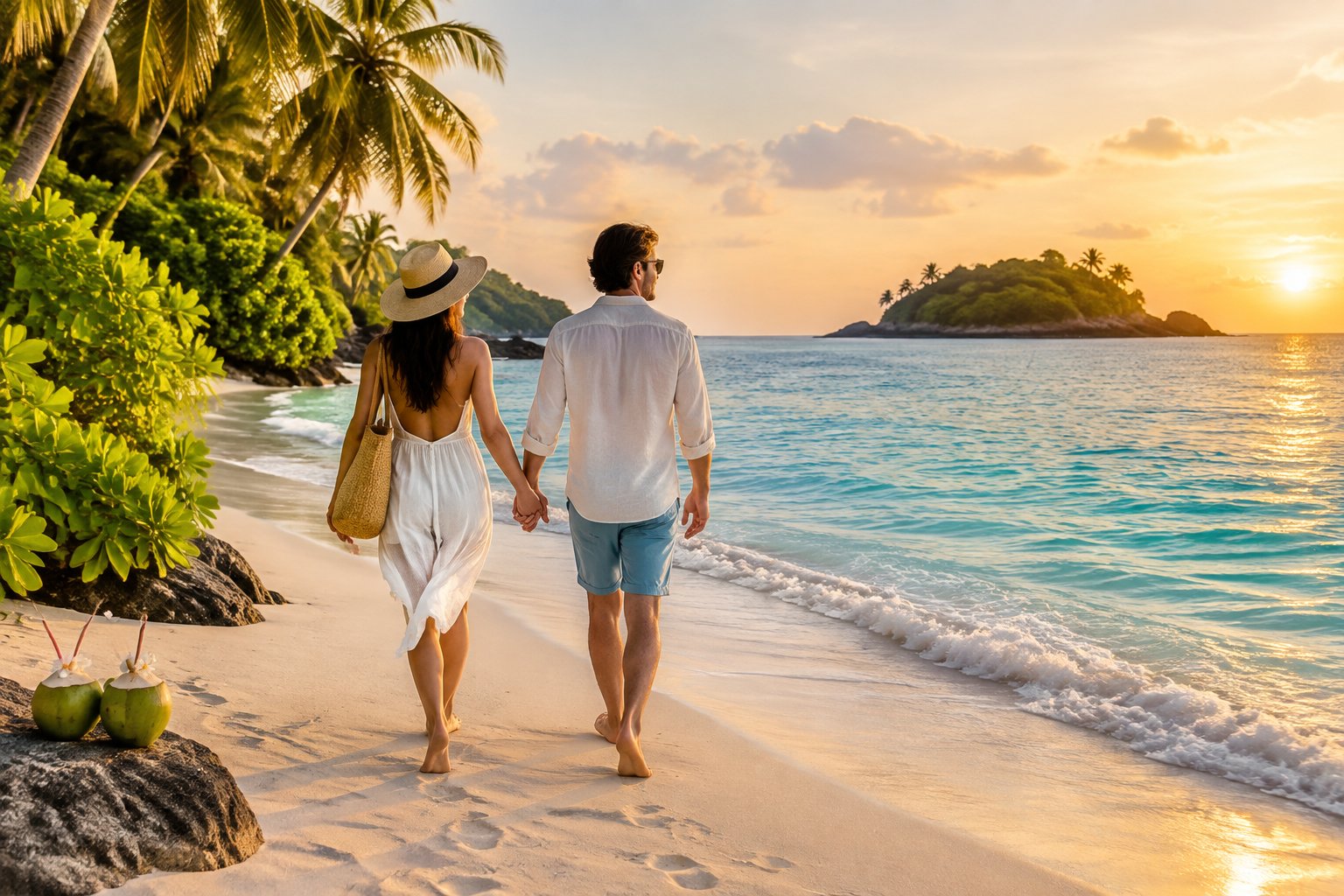 A couple walks along a white-sand tropical beach beside turquoise water and palm trees at sunset.