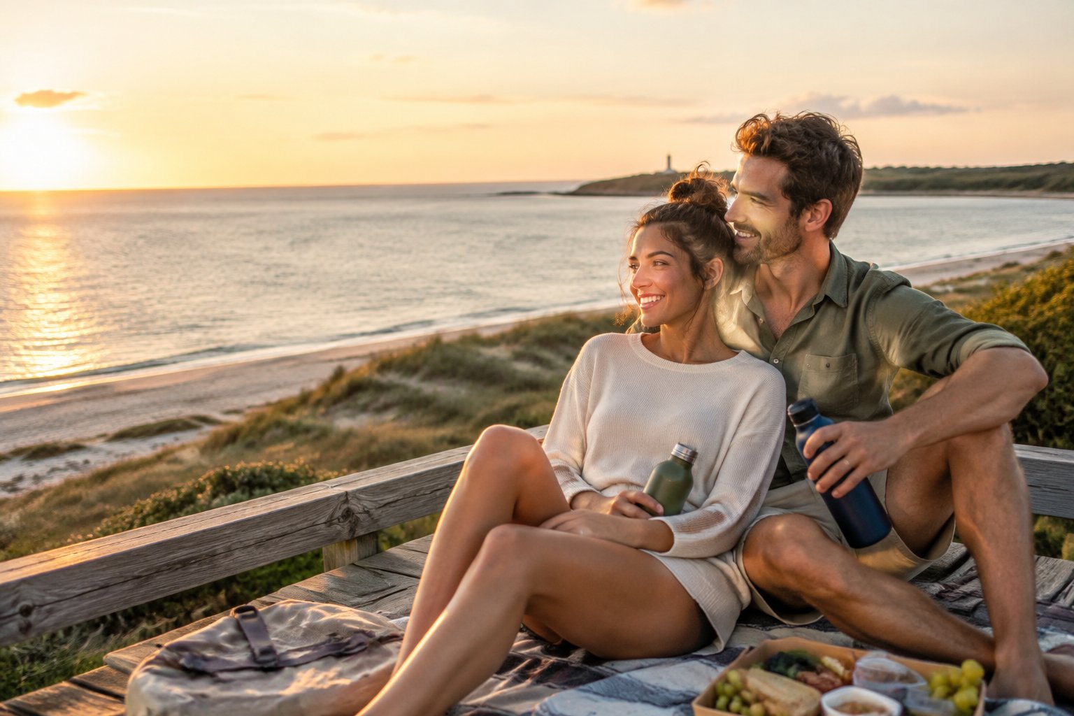 A newlywed couple enjoying a peaceful sunset at a scenic American beach.