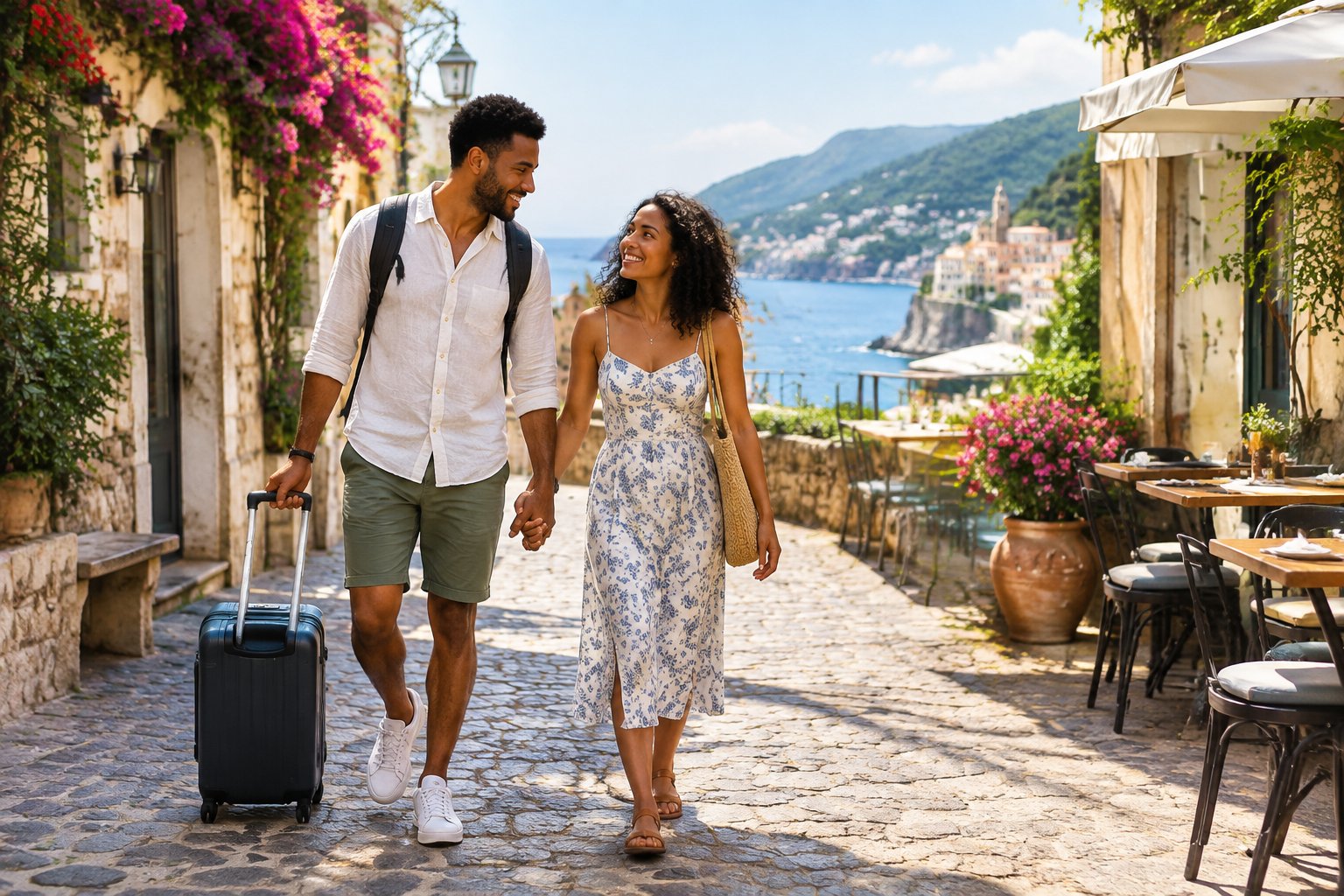 A newlywed couple explores a charming coastal town with luggage and a scenic ocean view.