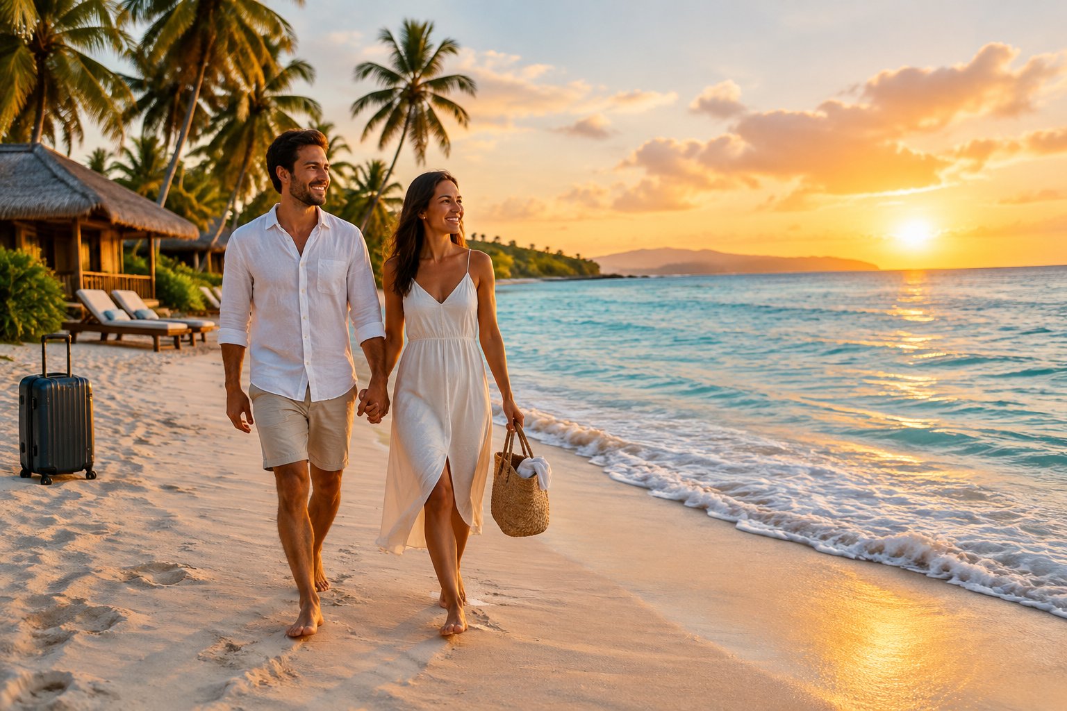 A newlywed couple walks hand in hand along a sunny tropical beach.