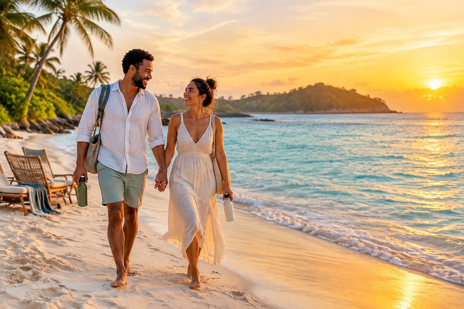 A newlywed couple walks hand in hand along a tropical beach at sunset.
