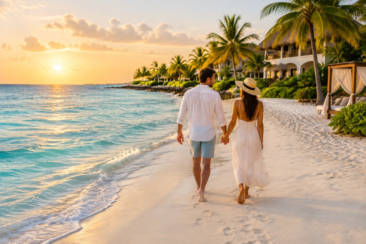A couple walks hand in hand along a sunny tropical beach beside a turquoise sea.