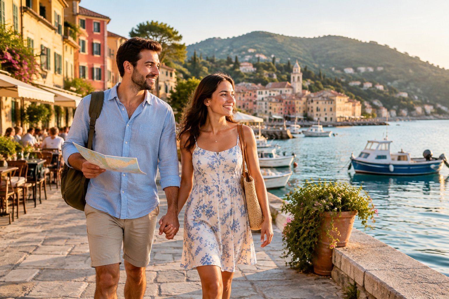 A newlywed couple walks hand in hand along a sunny coastal village promenade.