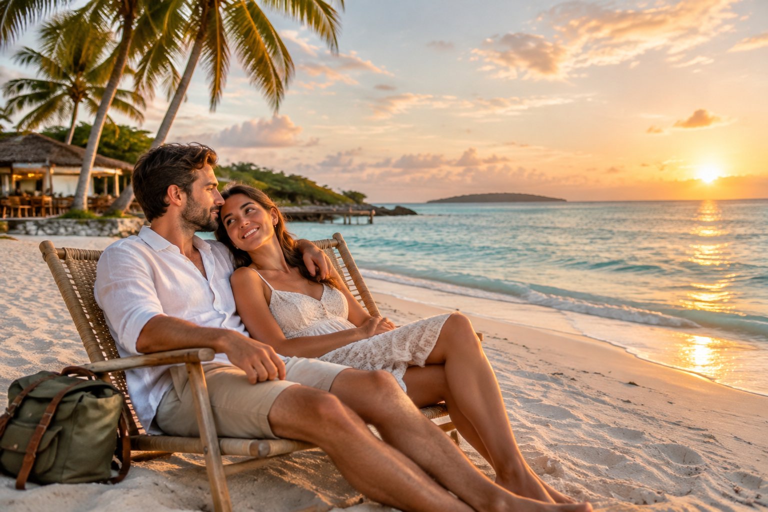 A newlywed couple relaxes together on a sunny tropical beach beside calm turquoise water.