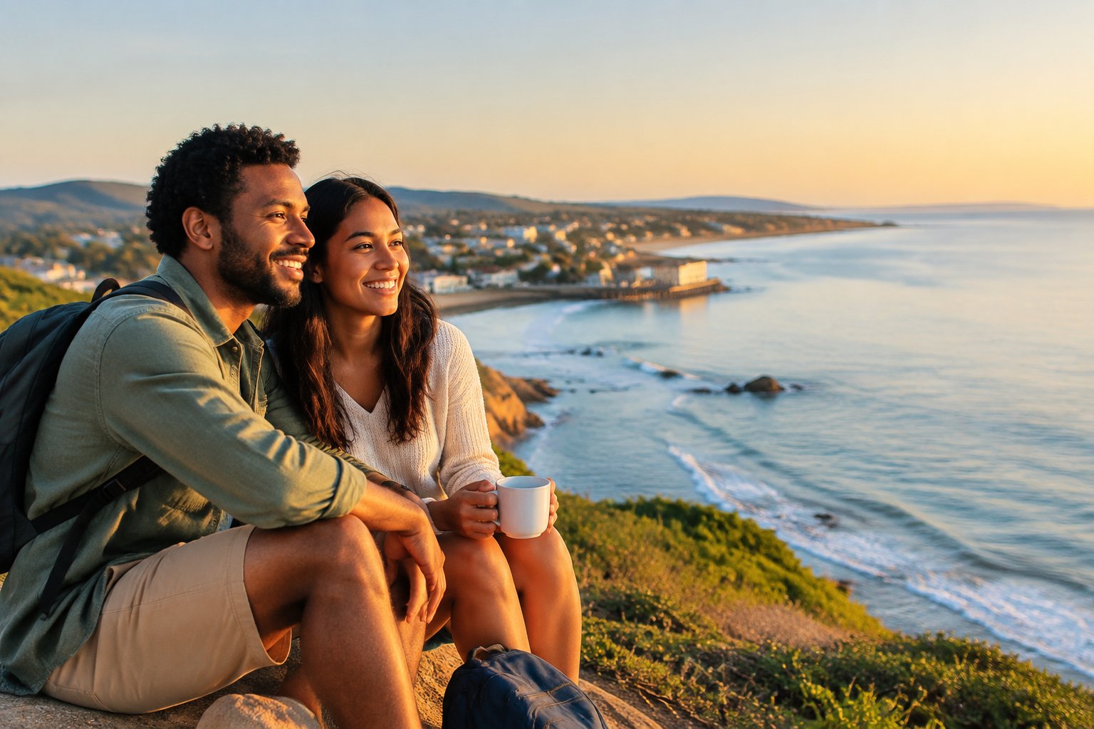 A newlywed couple holding hands while enjoying a scenic coastal getaway.