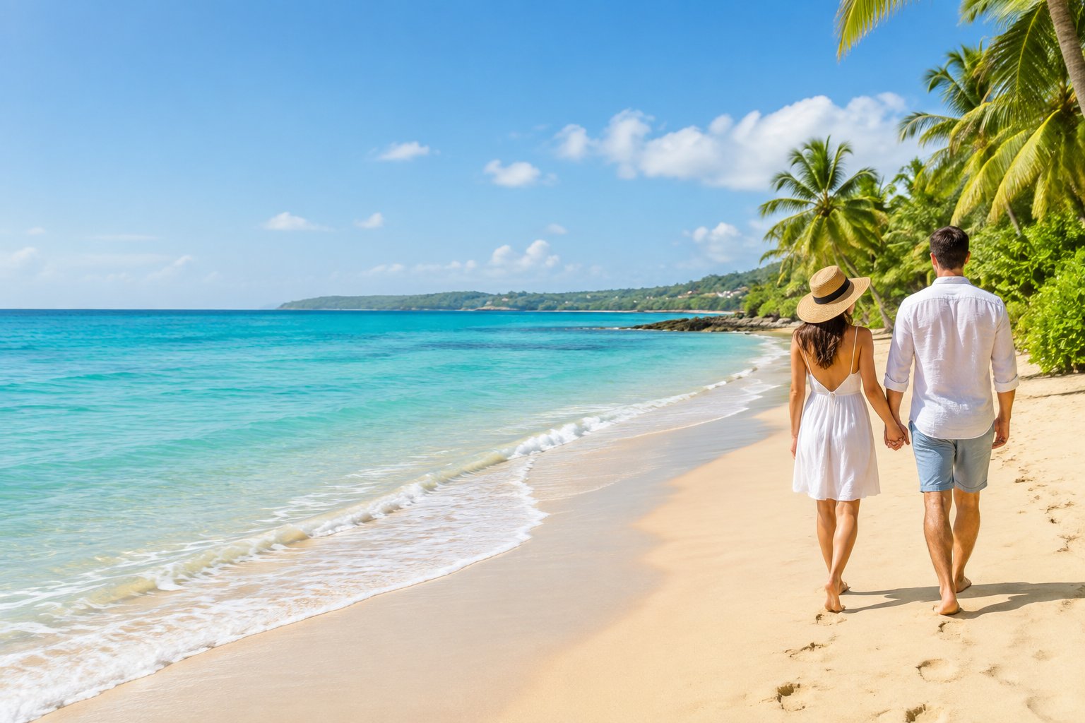 A couple walks hand in hand along a sunny tropical beach with turquoise water and lush greenery.