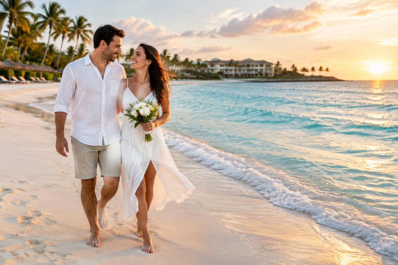 A newlywed couple walks along a tropical beach near a beachfront resort at sunset.