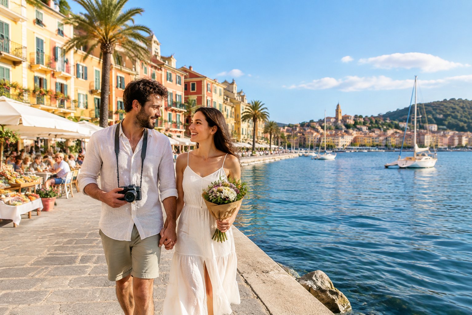A newlywed couple explores a sunny waterfront promenade in a colorful coastal city.