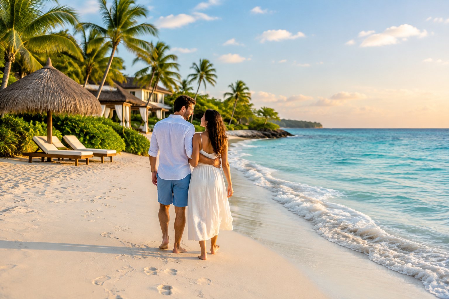 A newlywed couple walks along a white-sand Caribbean beach beside a tropical resort.