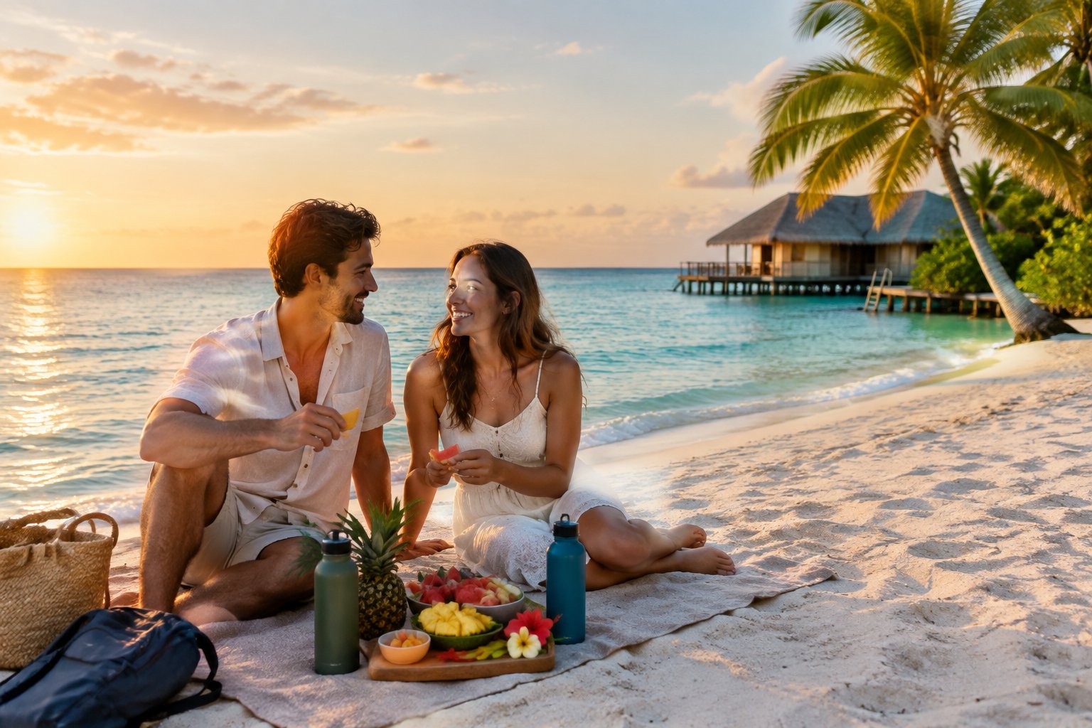 A newlywed couple enjoys a beach picnic beside turquoise water in the Maldives.