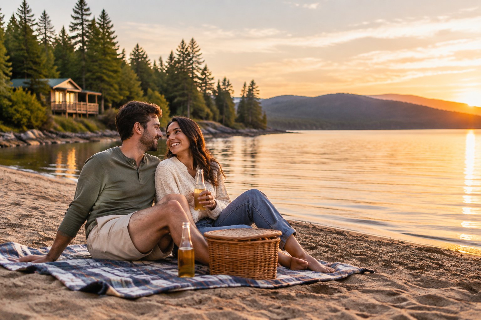 A couple enjoys a romantic sunset picnic beside a peaceful lakeside cabin in a scenic American landscape.