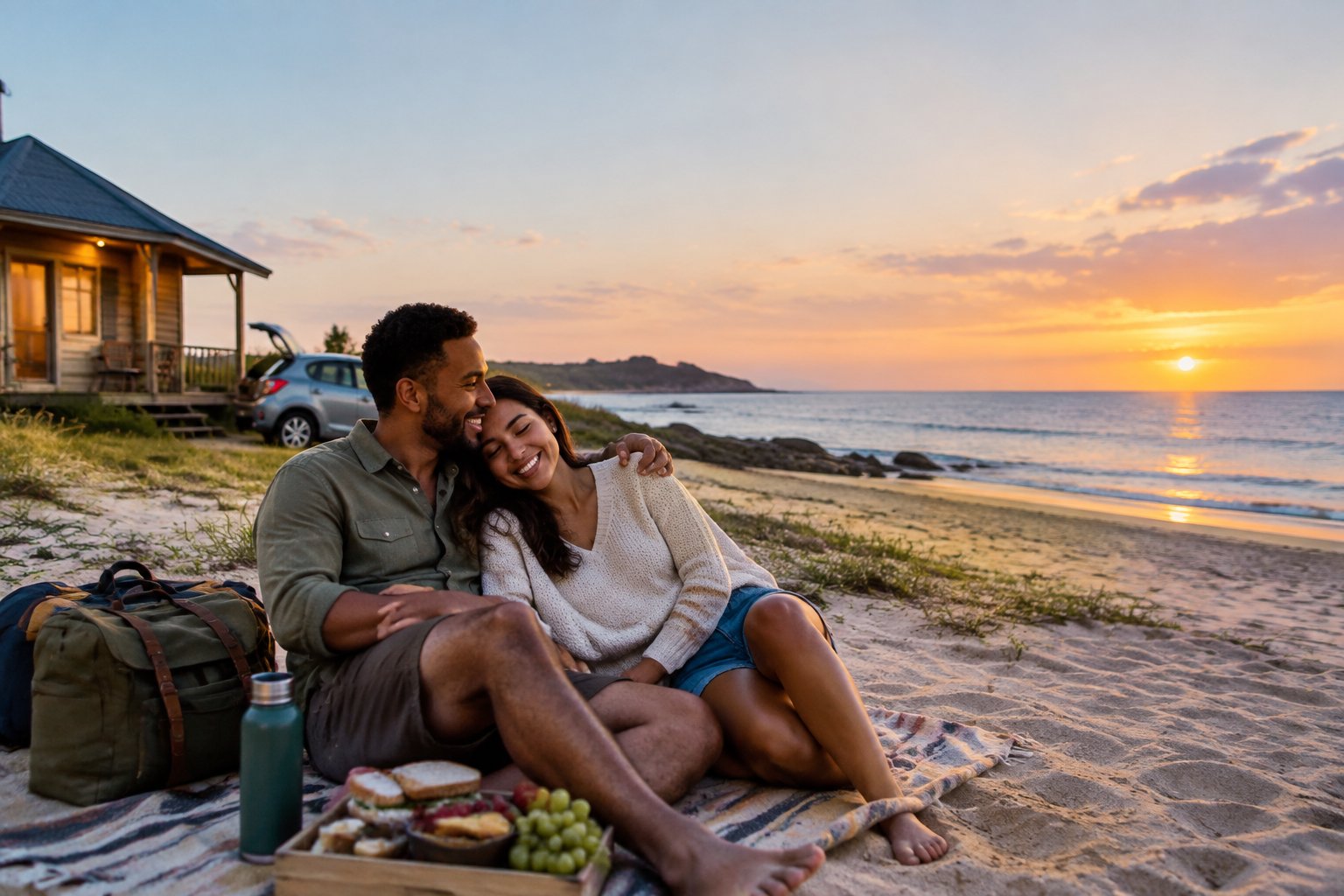 A newlywed couple enjoys a romantic sunset picnic near a modest coastal cabin in the United States.
